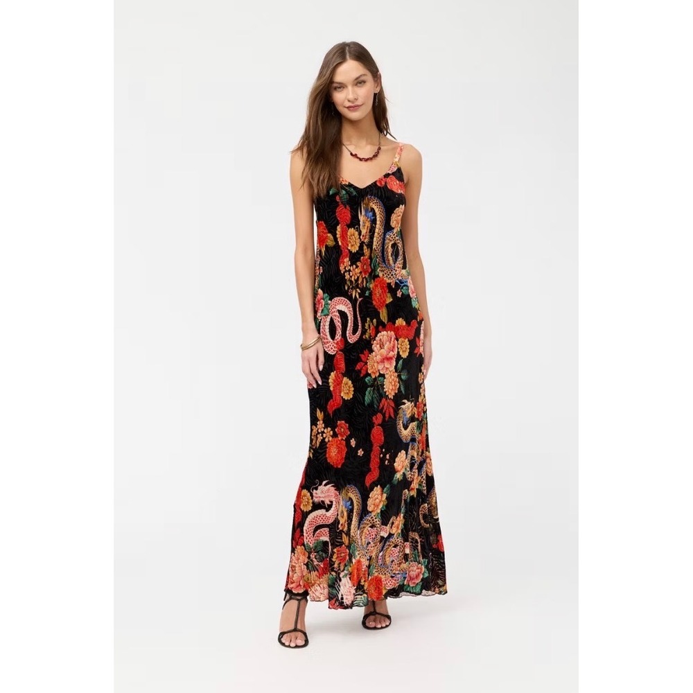 NWT Johnny Was XL Silk Velvet Burnout Kanako Levi Maxi Slip Dress Floral Dragon